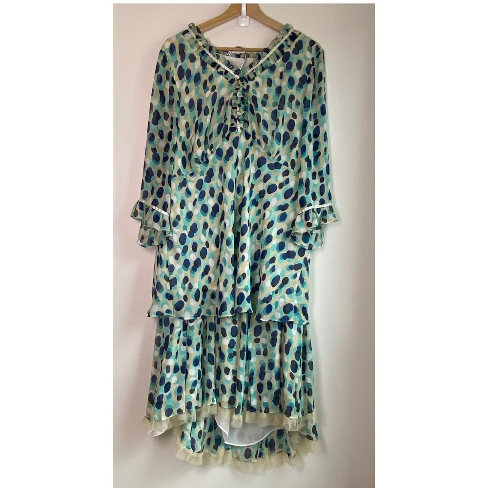Bob Mackie Studio Skirt Set Womens 2X Blue Green Polka Dot Ruffle Mesh Trim